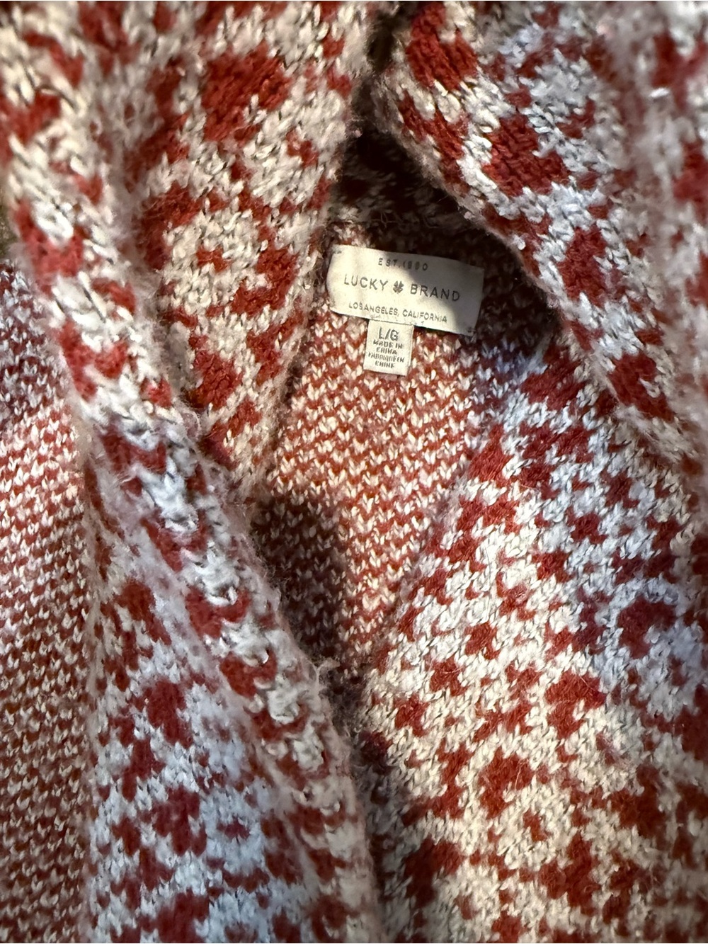 Lucky Brand Red and Cream Fair Isle Open Cardigan - Picture 2 of 3